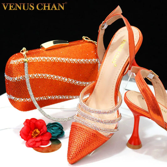 Orange Color Elegant High Heels Nigeria Popular Design African Ladies Shoes And Bag Set