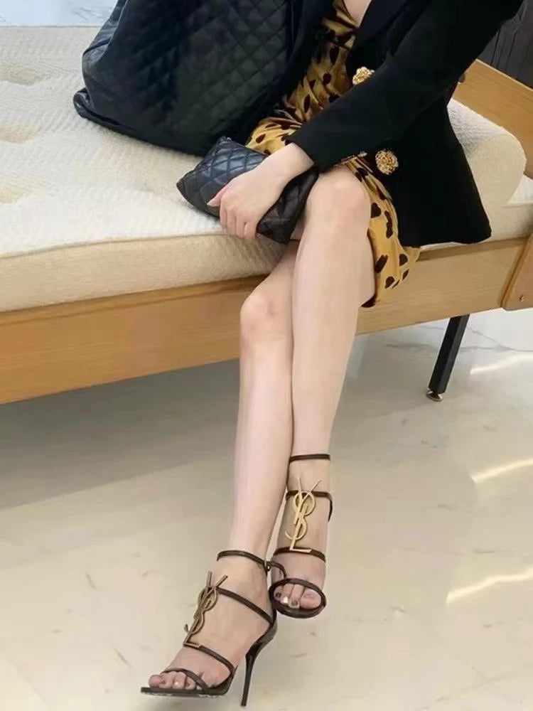 2024 Early Spring French Letters Gold Buckle High Heels Black Genuine Leather Womens Shoes Open Toe Stiletto Temperament Sandals