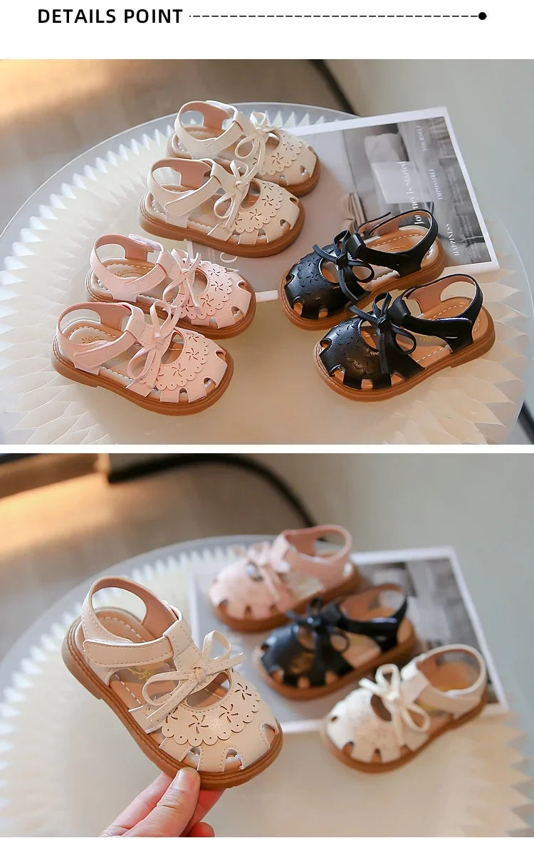 Summer Girls Flat Sandals Hollow Breathable Comfortable Upper Buckle Decoration Soft Bottom Non-slip Children's Shoes