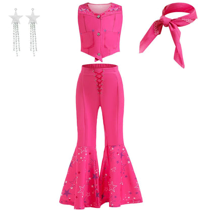 Halloween New Cosplay Barbie Set Girls' Stage Performance Costume Star Print Sweet and Cute Barbie Pink Set for 3-10 Years