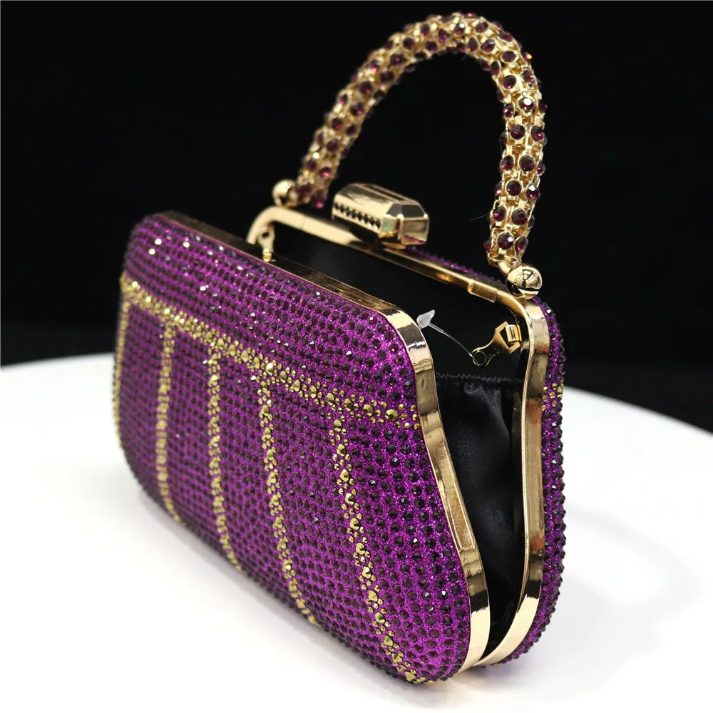 Popular In Nigeria Exquisite Evening Bags With Diamond Design Fashion Handle Clutch Rhinestone Embellished Long Chain Bag