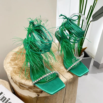 Womens Sandals Fashion Fuzzy Feather Summer Transparent High Heels Sexy Nightclub Stripper Shoes Purple Green