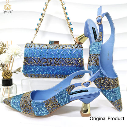 Nigerian Women Heel Party Ladies Italian Design Green Shoes And Bag Set Decorated with Rhinestone Handbag Wedding Party