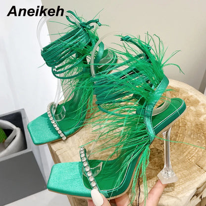 Sexy Rhinestone Feather Women Sandals Lace-up Summer Shoes Ankle Strap Gladiator Squared Toe Thin Heels Size 35-41