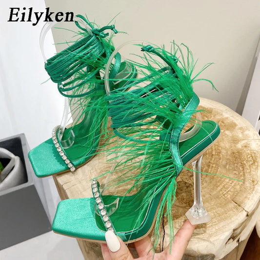 Womens Sandals Fashion Fuzzy Feather Summer Transparent High Heels Sexy Nightclub Stripper Shoes Purple Green