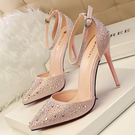 Pointed-Toe Hollowed Silver Buckle High Heels All-Match Rhinestone