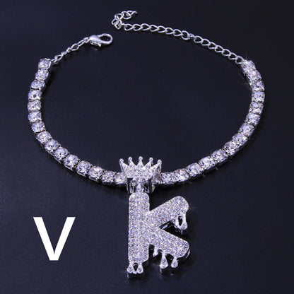 Luxury Hip Hop Pendant Rhinestone Anklet Drop Crown 26 Letter Anklet