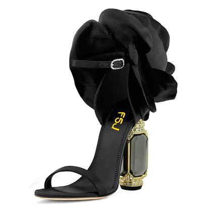 FSJ Women Flower Crystal Chunky Block High Heel Ankle Strap Sandals Open Toe Fashion Dress Evening Party Prom Shoes Size 8 Black Flower
