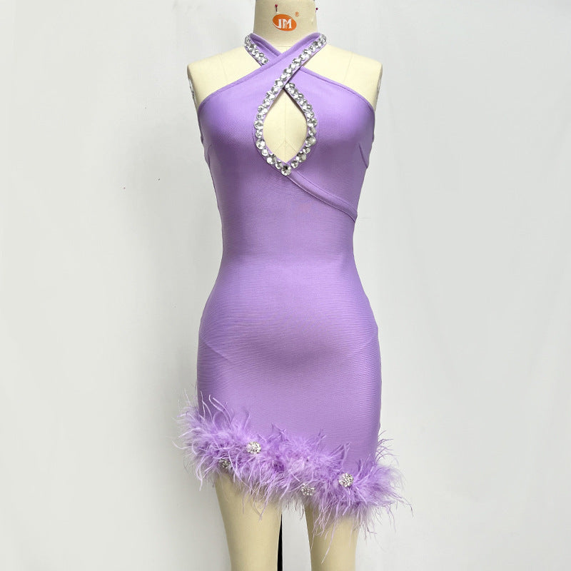 Purple Halter Rhinestone Feather Bandage One-piece Dress