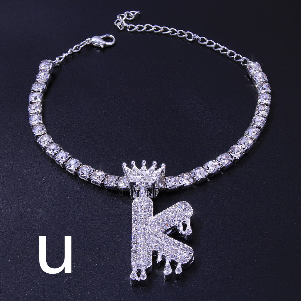 Luxury Hip Hop Pendant Rhinestone Anklet Drop Crown 26 Letter Anklet