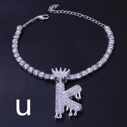 Luxury Hip Hop Pendant Rhinestone Anklet Drop Crown 26 Letter Anklet