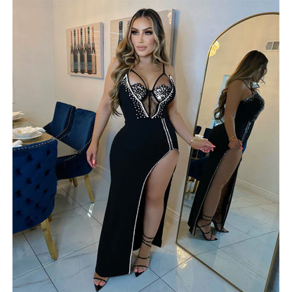 Fashion Women's Wear Solid Color Rhinestone Sleeveless Dress