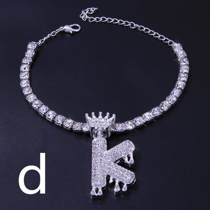 Luxury Hip Hop Pendant Rhinestone Anklet Drop Crown 26 Letter Anklet