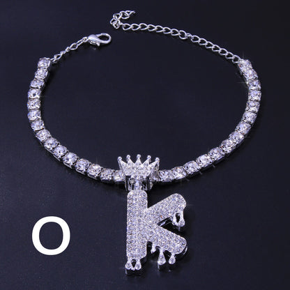 Luxury Hip Hop Pendant Rhinestone Anklet Drop Crown 26 Letter Anklet