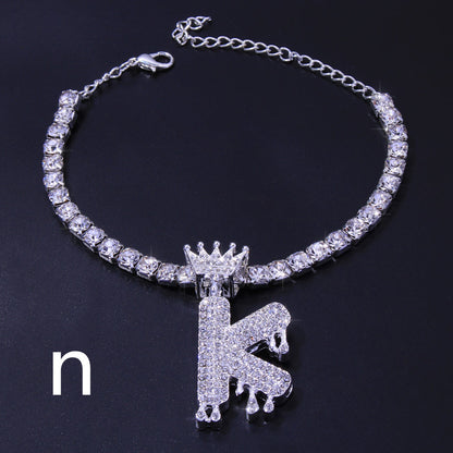 Luxury Hip Hop Pendant Rhinestone Anklet Drop Crown 26 Letter Anklet
