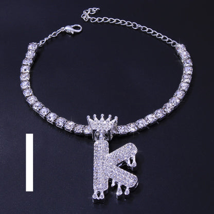 Luxury Hip Hop Pendant Rhinestone Anklet Drop Crown 26 Letter Anklet