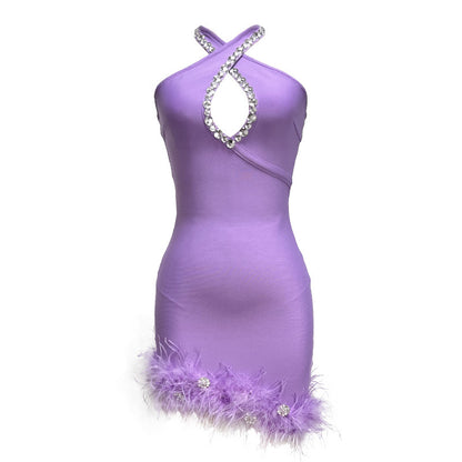 Purple Halter Rhinestone Feather Bandage One-piece Dress